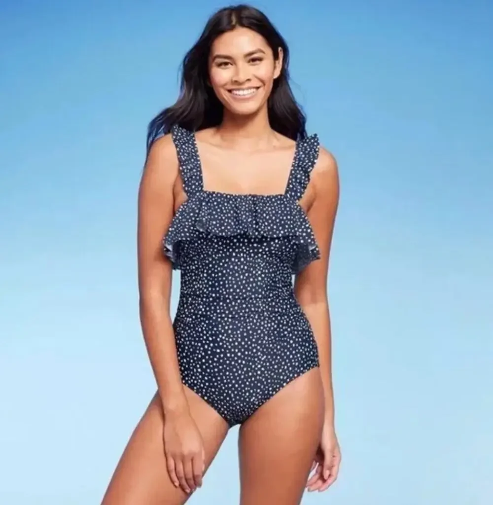 Kona Sol Navy Blue Polka Dot Ruffle Flounce One Piece Swimsuit XL Extra Large